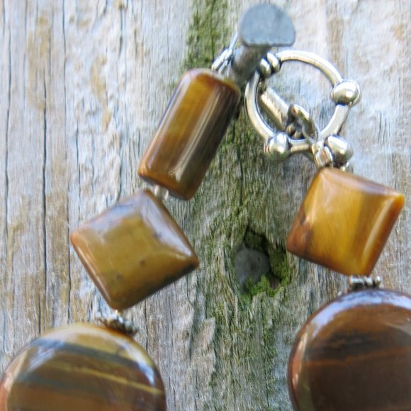 Natural Tiger's Eye Silver Bracelet, Geometric Natural Healing Stone Bracelet - Picture 3 of 6